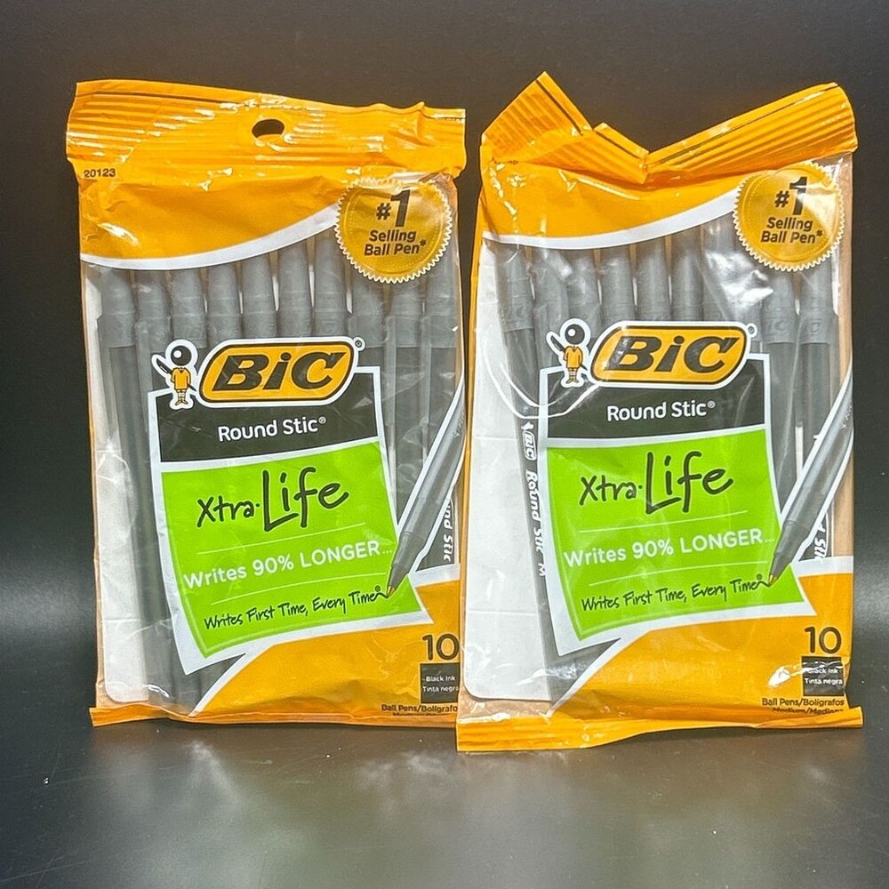 BIC Round Stic Xtra Life Ballpoint Pens 10ct Pack Black Ink Medium 1.0mm 2 PACK